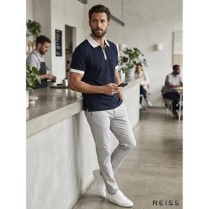 Reiss North Navy Blue Egyptian Cotton Quarter Zip Polo Shirt Large White Trim